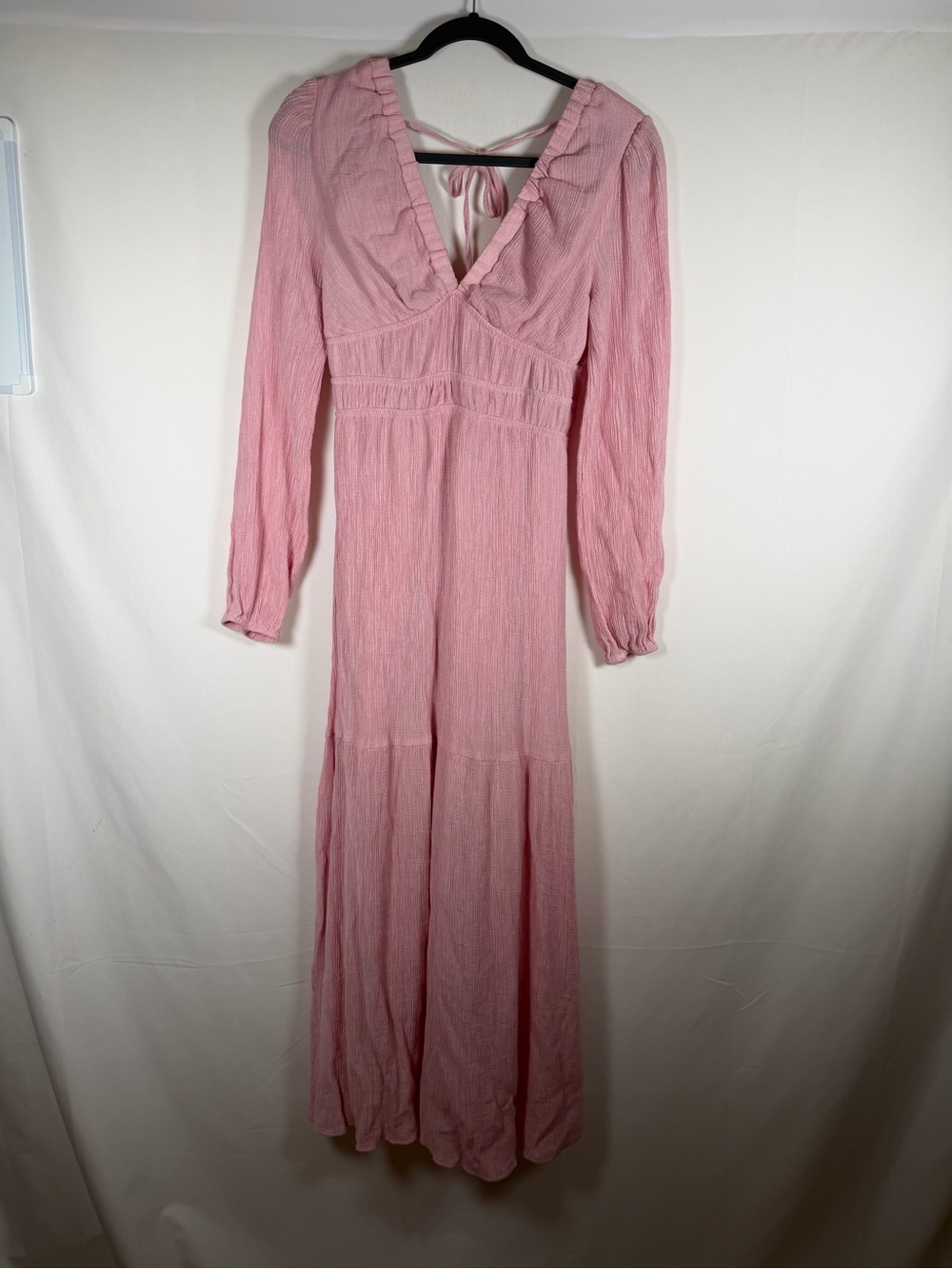 Pink Cottage Boho Long Sleeve Babydoll Maxi Dress with V-Neck